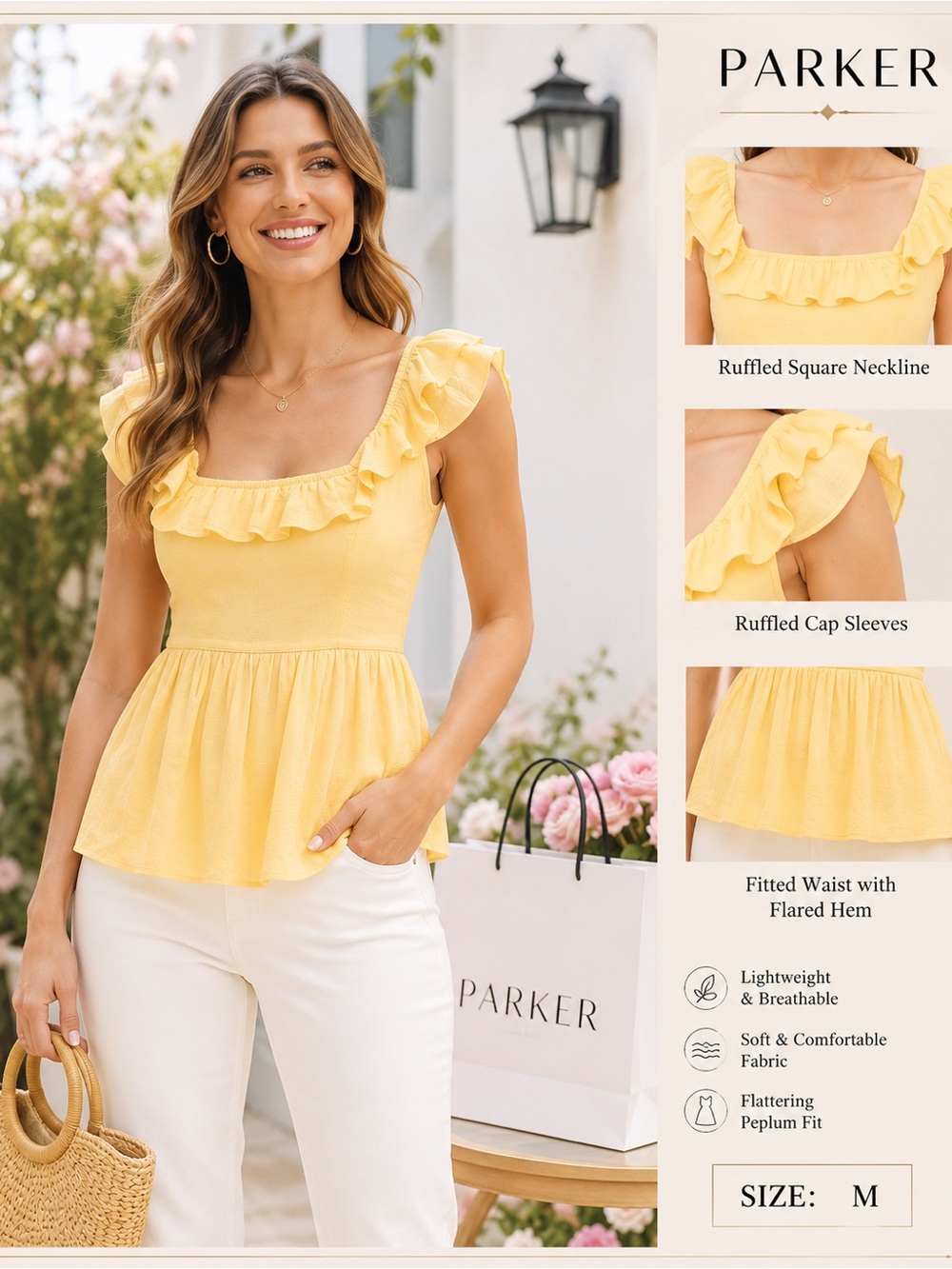 Parker Yellow Ruffled Square-Neck Peplum Top